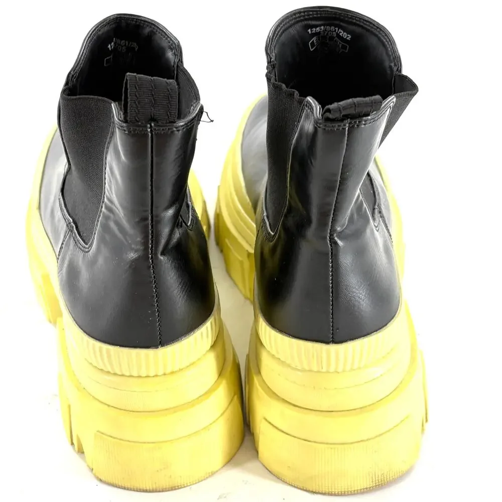 Bershka Lug Sole Chelsea Boots 9 39 Ankle Booties Black Yellow 90s Grunge Y2K